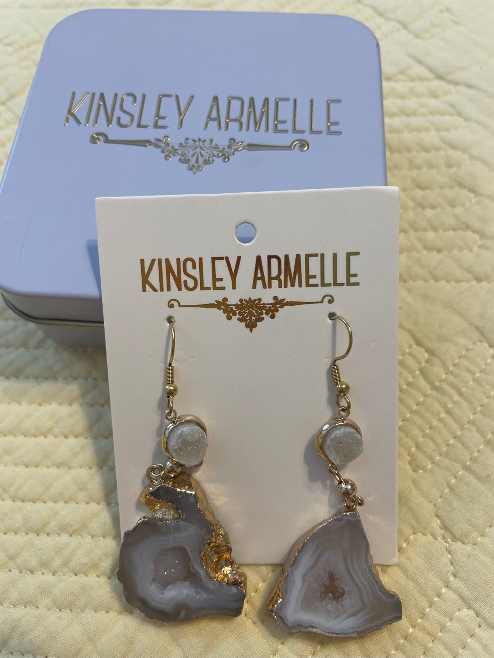 Kinsley Armelle White Druzy & Agate Gold-Trim Drop Earrings